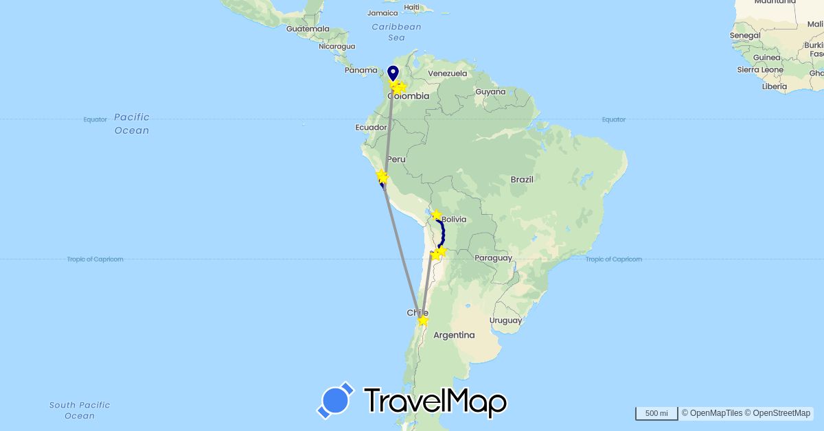 TravelMap itinerary: driving, plane, climbing in Bolivia, Chile, Colombia, Peru (South America)